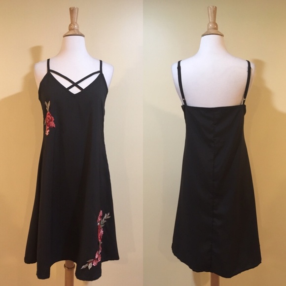 Cross Front Rose Floral Embroidered Cami Dress - Picture 5 of 7